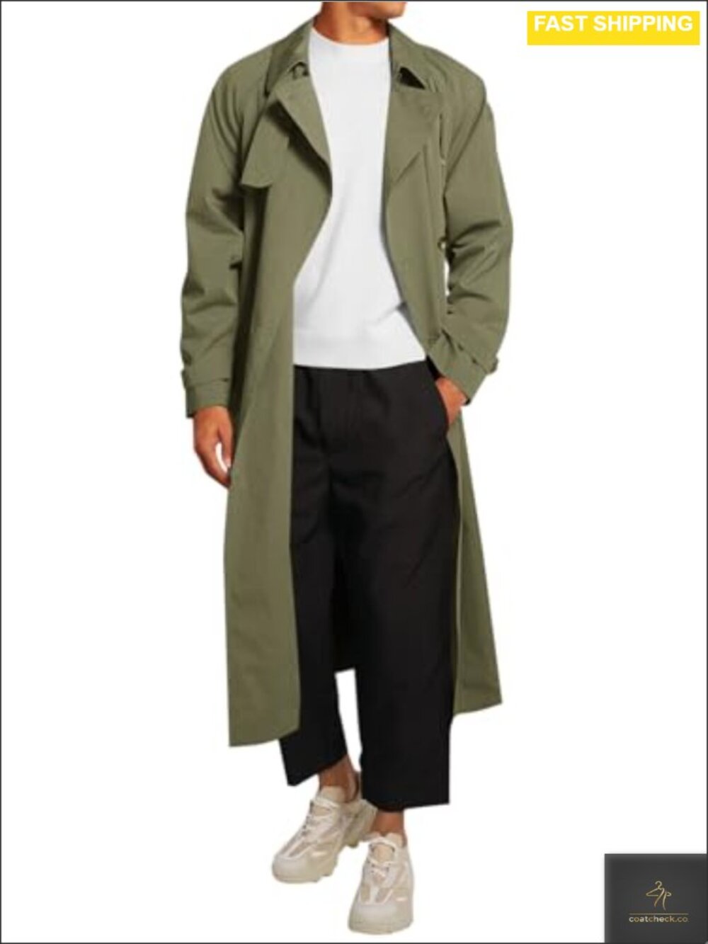 Mens Double Breasted Trench Coat Notch Lapel Belted Windbreaker Over Knee